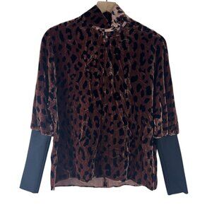 Tibi Velvet Animal Printed Long Sleeve Mock Neck Blouse